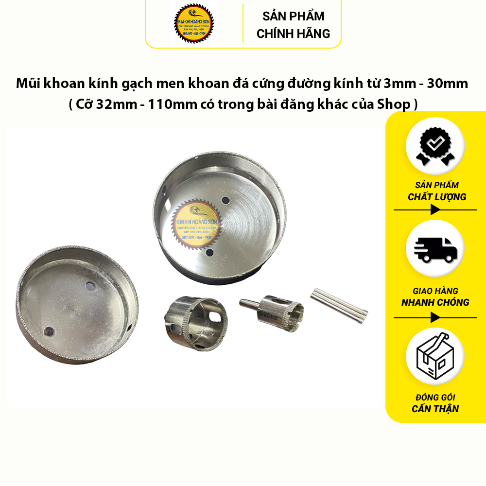 Mũi khoan kính, gạch men, khoan đá lỗ tròn đường kính từ 3mm - 30mm, đầu mũi phủ hạt kim cương sắc bén