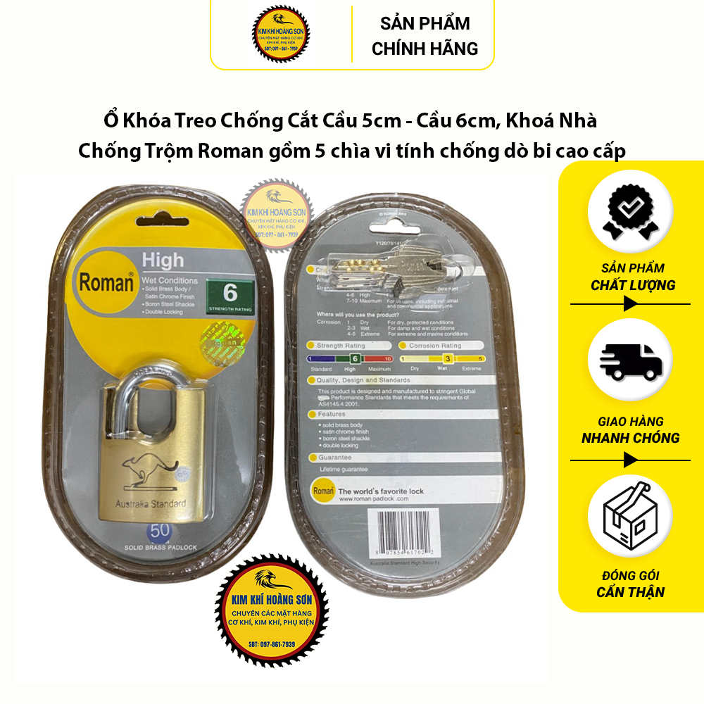 Ổ Khóa Treo Chống Cắt Cầu 5cm - Cầu 6cm, Khoá Nhà Chống Trộm Roman gồm 5 chìa vi tính chống dò bi cao cấp