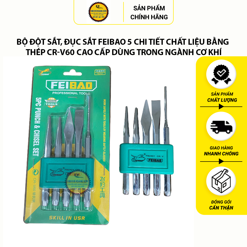Bộ đột sắt, đục sắt FEIBAO 5 chi tiết chất liệu bằng thép CR-V60 cao cấp dùng trong ngành cơ khí