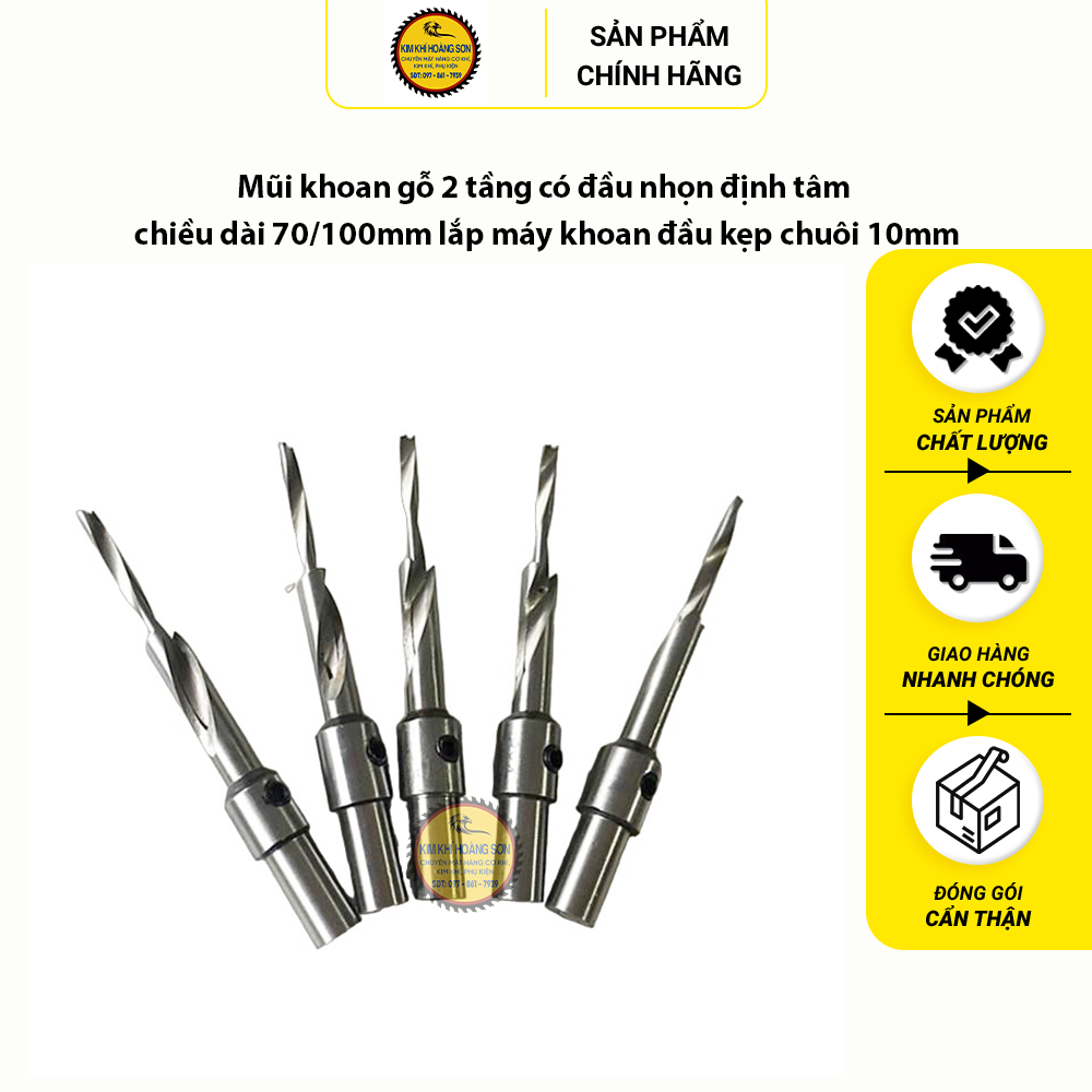Mũi khoan gỗ 2 tầng có đầu nhọn định tâm chiều dài 70/100mm lắp máy khoan đầu kẹp chuôi 10mm