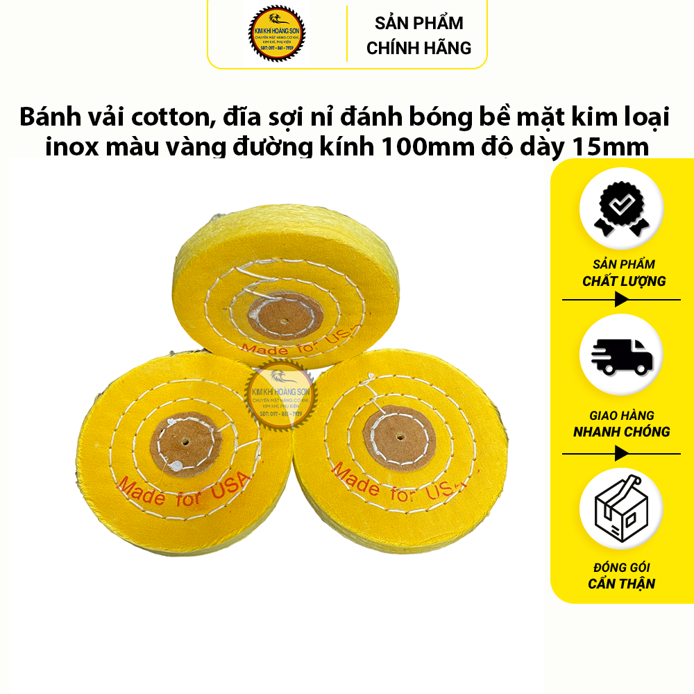 Bánh vải cotton, đĩa sợi nỉ đánh bóng bề mặt kim loại inox màu vàng đường kính 100mm độ dày 15mm