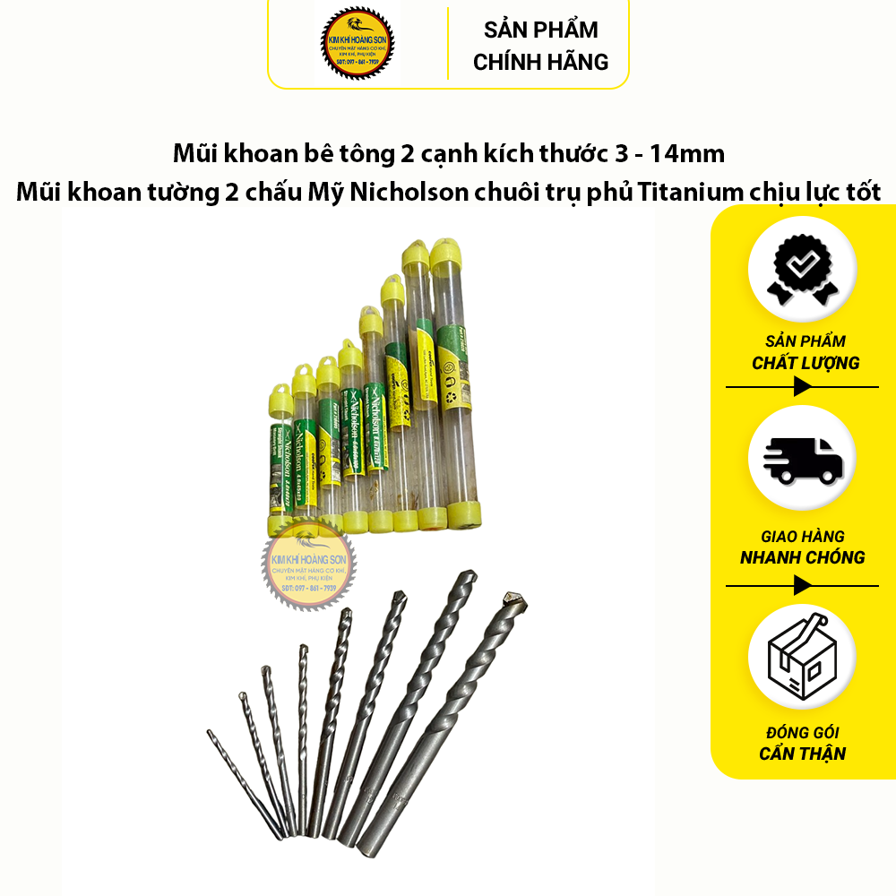 Mũi khoan bê tông 2 cạnh kích thước 3 - 14mm, Mũi khoan tường 2 chấu Mỹ Nicholson chuôi trụ phủ Titanium chịu lực tốt