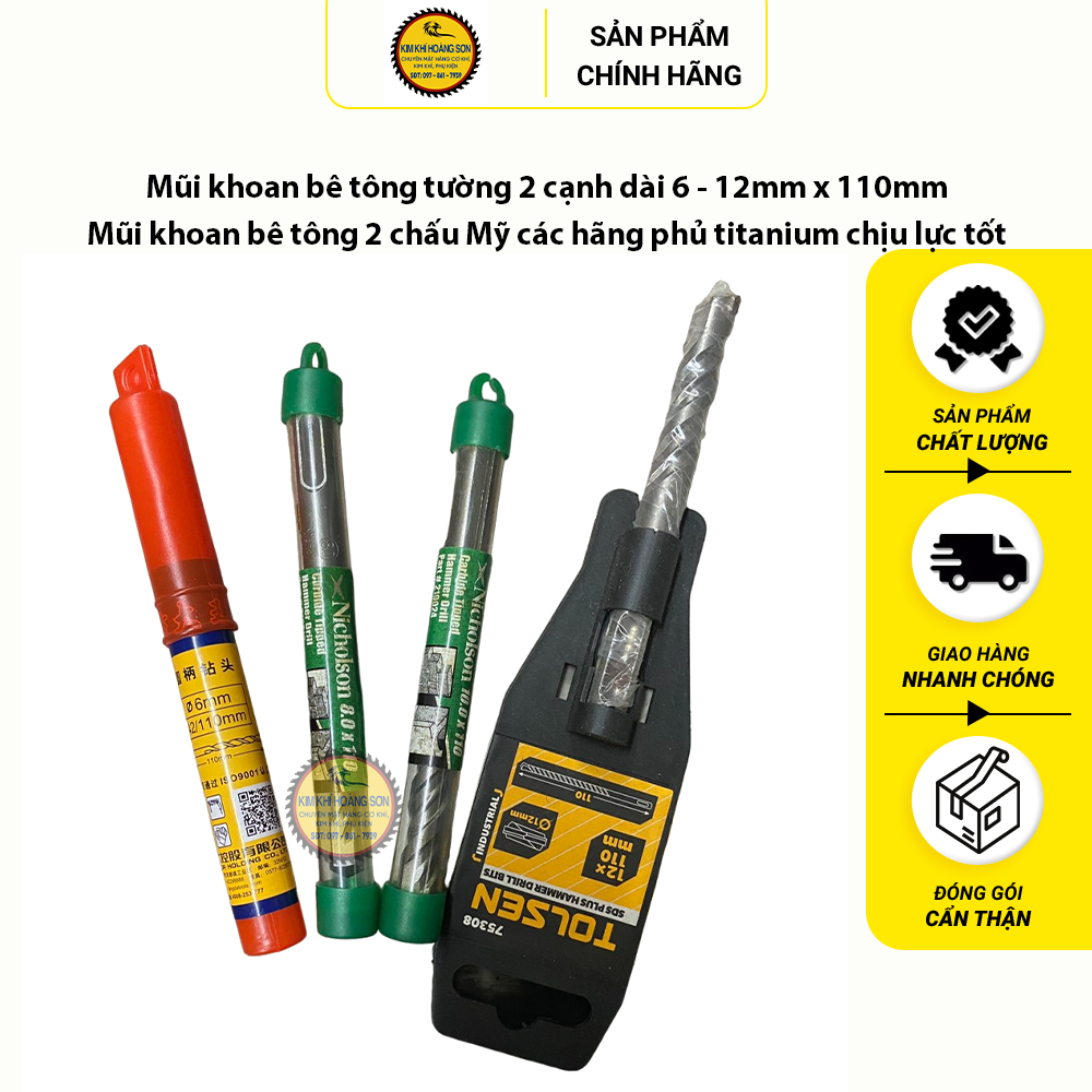 Mũi khoan bê tông 2 cạnh 6-12mm dài 110mm, Khoan tường Nicholson chuôi gài phủ Titanium chịu lực tốt