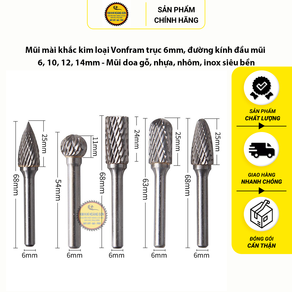 Mũi mài khắc kim loại trục 6mm đường kính đầu mũi từ 6 - 16mm, Mũi doa gỗ, nhựa, nhôm, inox siêu bền