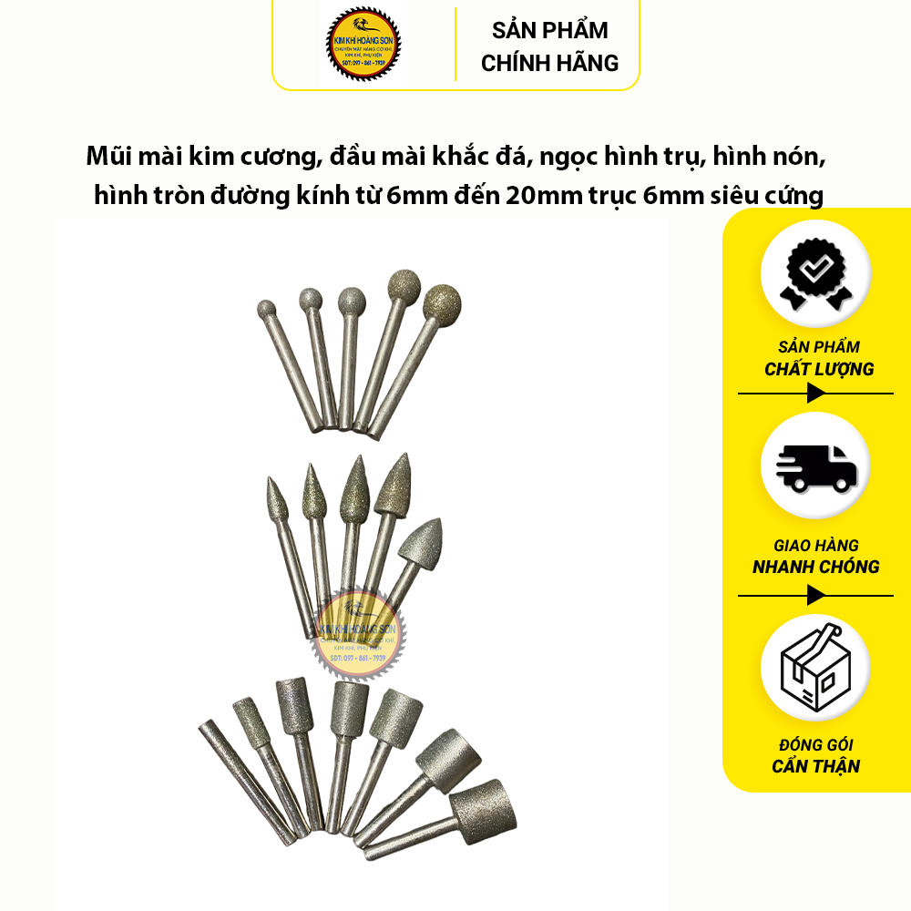 Mũi mài kim cương, đầu mài khắc đá, ngọc hình trụ, hình nón, hình tròn đường kính từ 6mm đến 20mm trục 6mm siêu cứng
