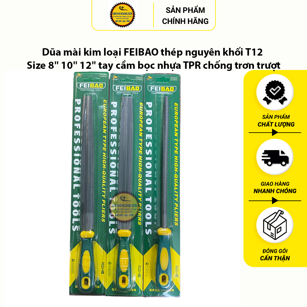 Dũa mài kim loại FEIBAO thép nguyên khối T12 size 8'' 10'' 12" tay cầm bọc nhựa TPR chống trơn trượt