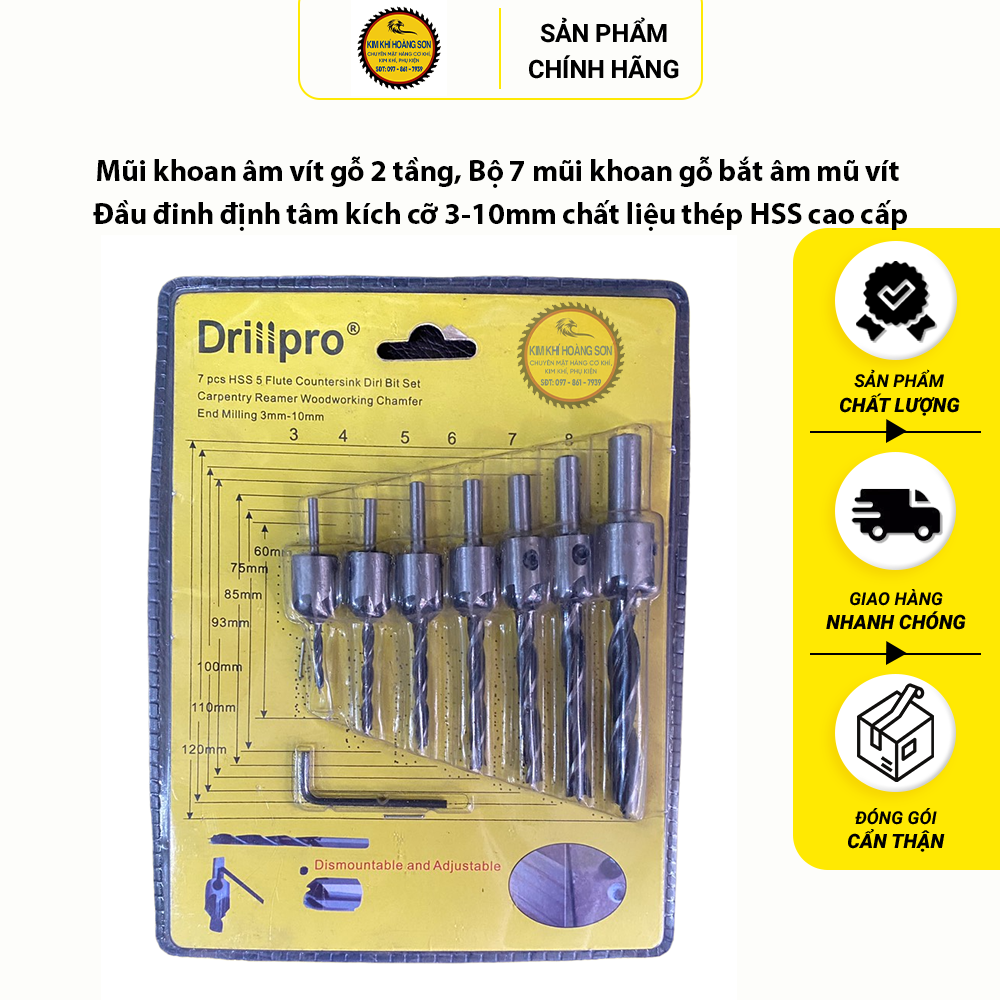Mũi khoan âm vít gỗ 2 tầng, Bộ 7 mũi khoan gỗ bắt âm mũ vít đầu đinh định tâm kích cỡ 3-10mm chất liệu thép HSS cao cấp