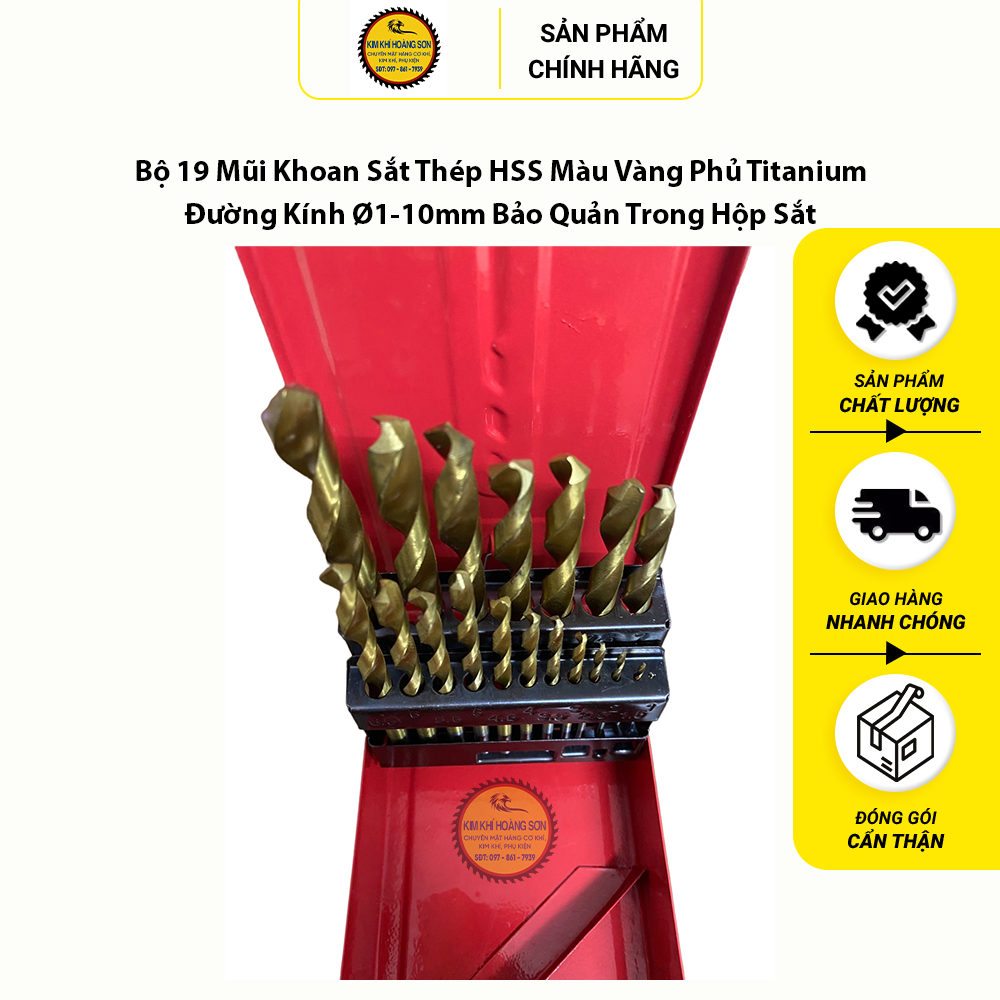 Bộ 19 mũi khoan gỗ và sắt thép HSS màu vàng phủ Titanium, đường kính 1-10mm bảo quản trong hộp sắt