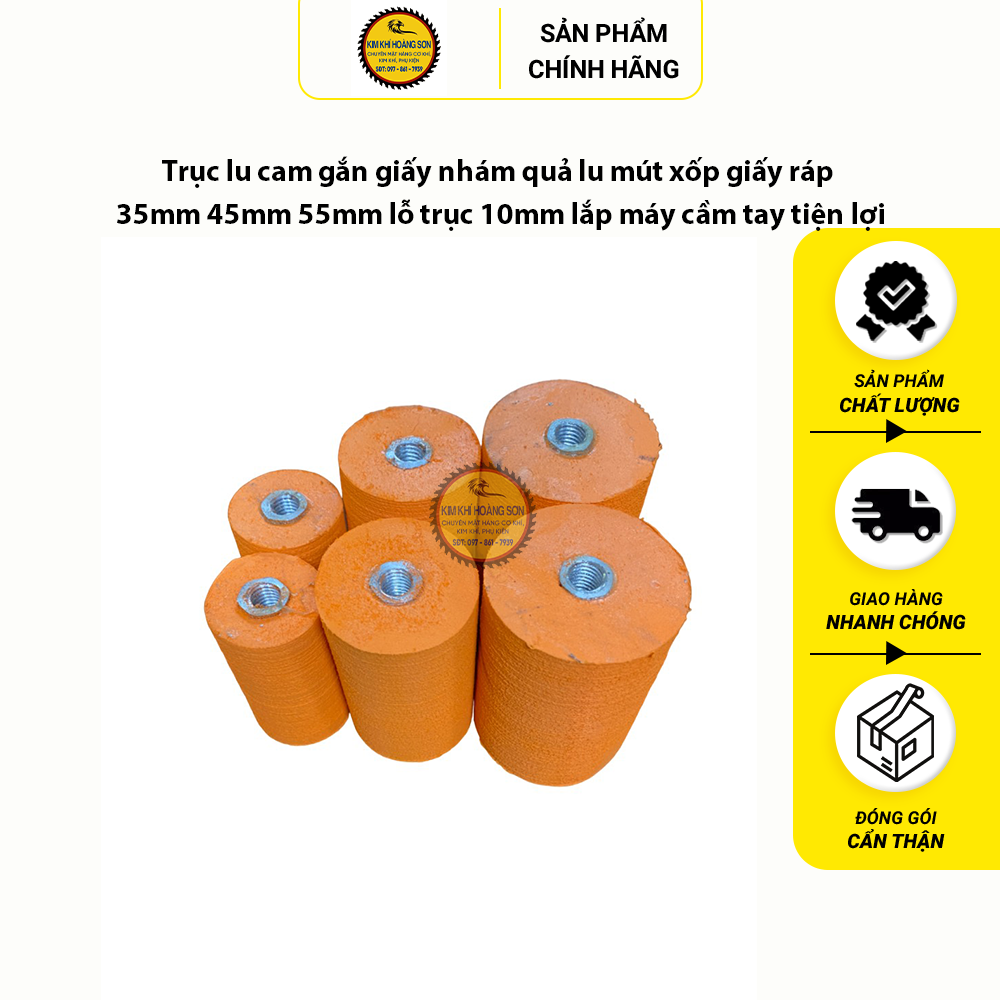 Trục lu cam gắn giấy nhám quả lu mút xốp size 35mm 45mm 55mm lỗ trục 10mm lắp máy cầm tay tiện lợi