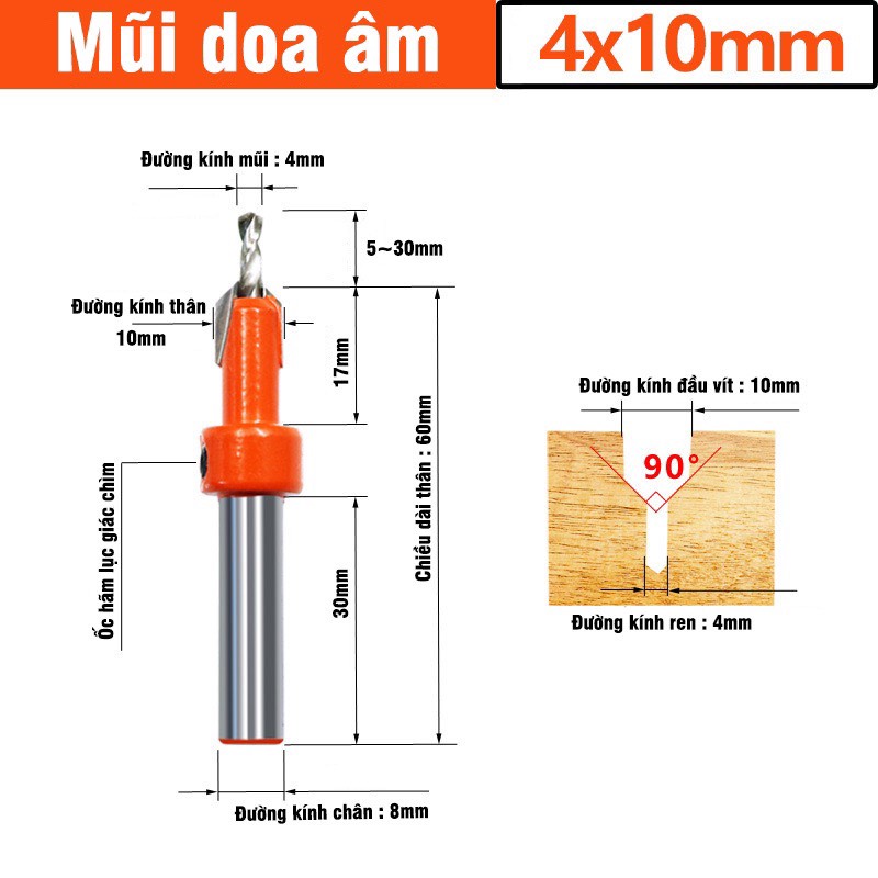 Mũi khoan mồi âm vít gỗ 2 tầng 3-4mm chất liệu thép cứng cao cấp, Mũi khoét âm hợp kim loạt tốt