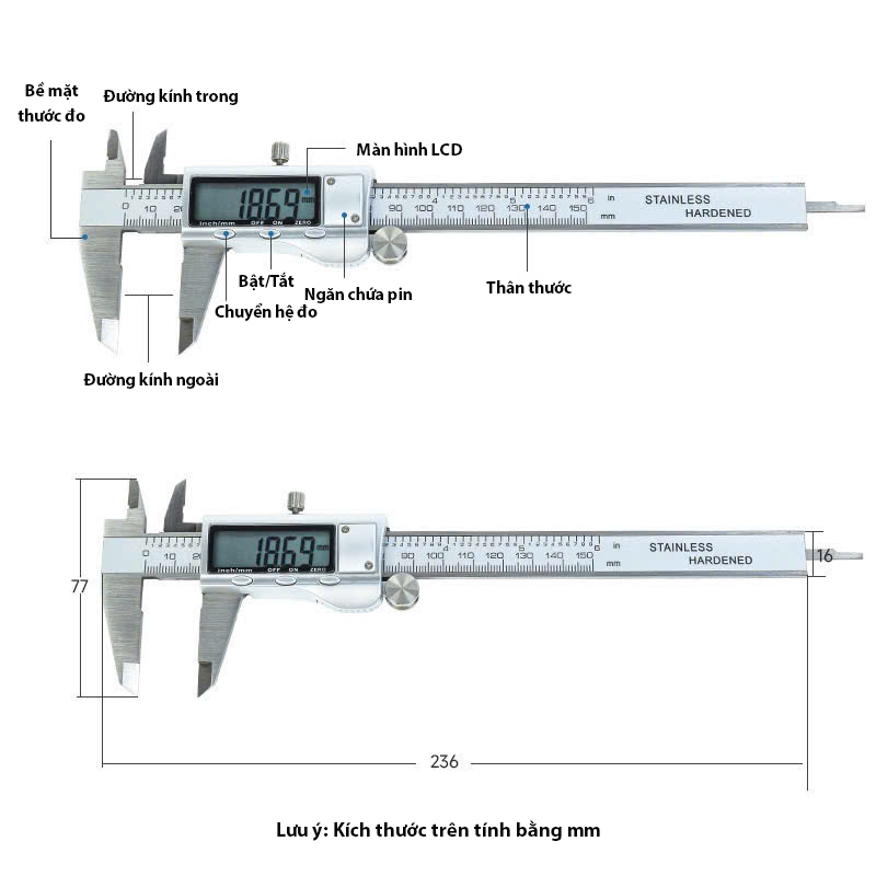 Thước kẹp điện tử FEIBAO 150mm thép hợp kim cứng không rỉ, màn hình LCD rõ nét, độ chính xác cao