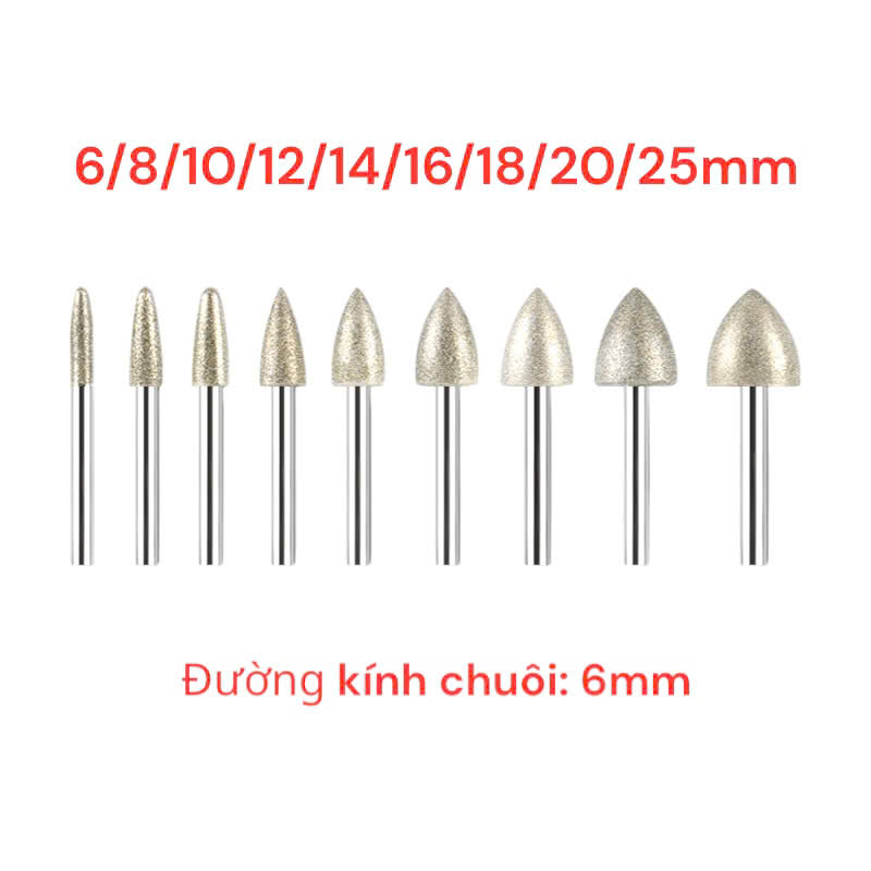 Mũi mài kim cương, đầu mài khắc đá ngọc chuôi 6mm hình trụ, đạn, tròn, bút lông đường kính 6 - 25mm