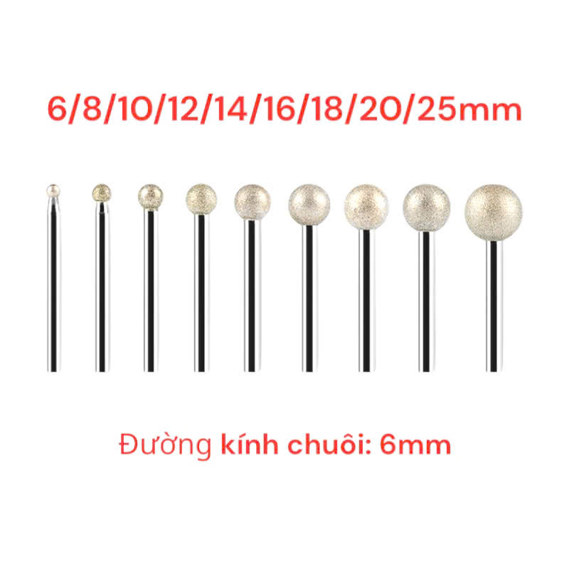 Mũi mài kim cương, đầu mài khắc đá ngọc chuôi 6mm hình trụ, đạn, tròn, bút lông đường kính 6 - 25mm
