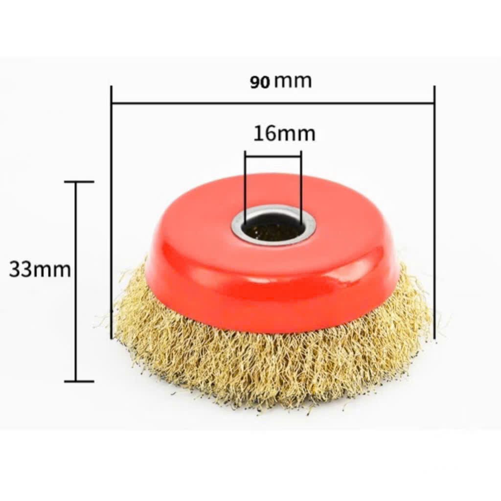 Chổi đánh rỉ sắt sợi đồng, chén cước đường kính 90mm, bát rỉ sét lỗ trục 16mm lắp máy mài cầm tay