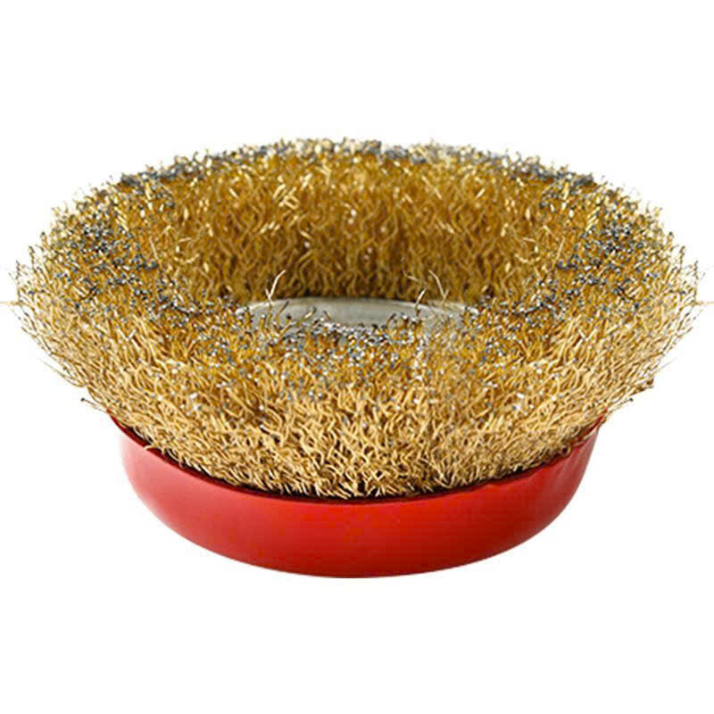 Chổi đánh rỉ sắt sợi đồng, chén cước đường kính 90mm, bát rỉ sét lỗ trục 16mm lắp máy mài cầm tay