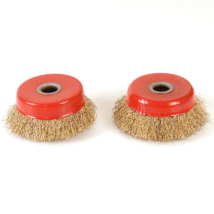 Chổi đánh rỉ sắt sợi đồng, chén cước đường kính 90mm, bát rỉ sét lỗ trục 16mm lắp máy mài cầm tay