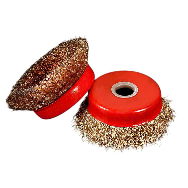 Chổi đánh rỉ sắt sợi đồng, chén cước đường kính 90mm, bát rỉ sét lỗ trục 16mm lắp máy mài cầm tay