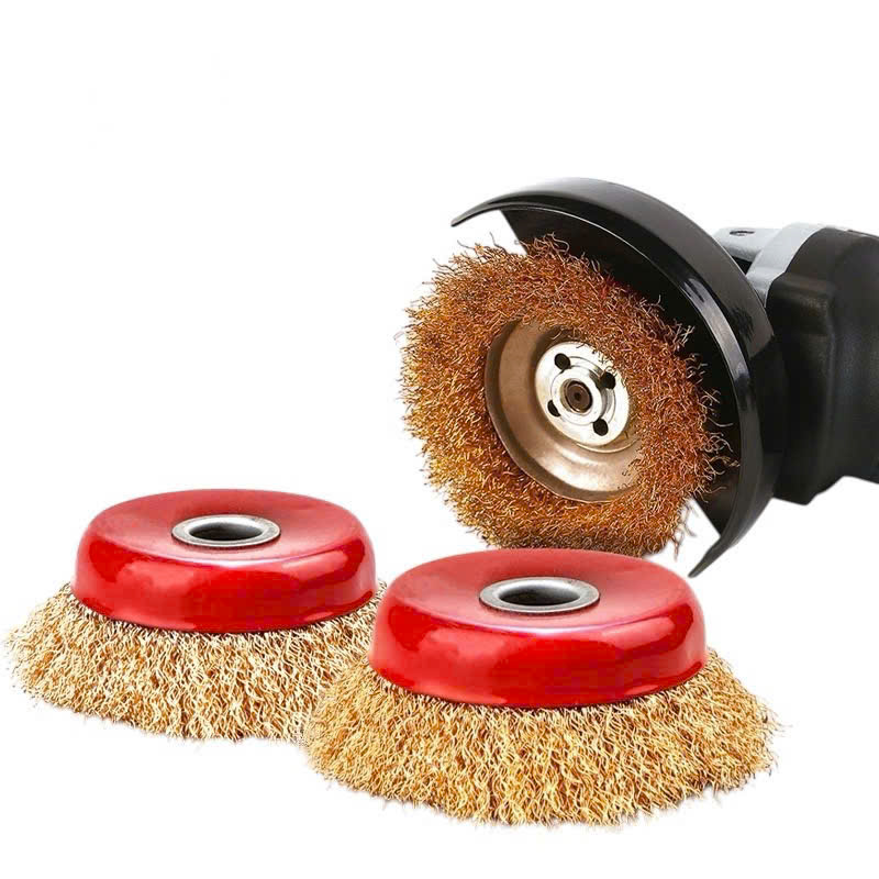 Chổi đánh rỉ sắt sợi đồng, chén cước đường kính 90mm, bát rỉ sét lỗ trục 16mm lắp máy mài cầm tay