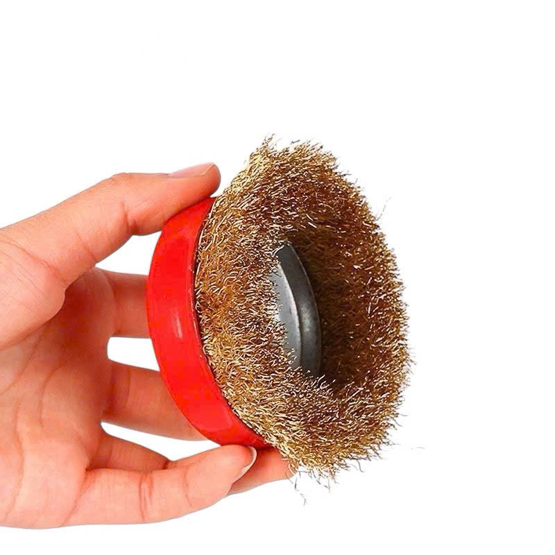 Chổi đánh rỉ sắt sợi đồng, chén cước đường kính 90mm, bát rỉ sét lỗ trục 16mm lắp máy mài cầm tay