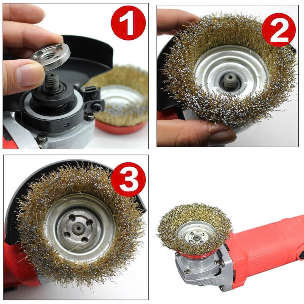 Chổi đánh rỉ sắt sợi đồng, chén cước đường kính 90mm, bát rỉ sét lỗ trục 16mm lắp máy mài cầm tay