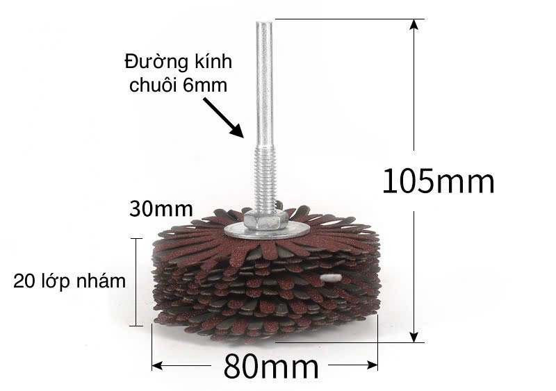Chổi cước quật chà nhám gỗ ráp hoa đánh mịn đường kính 80mm lắp máy khoan cầm tay chuôi 6mm RAP_HOA