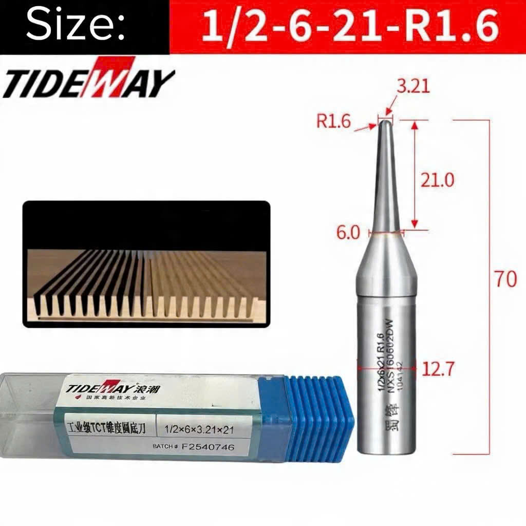 Mũi phay soi rãnh CNC uốn cong gỗ Tideway đầu nhọn 6x21mm bo cong 90 độ MDF cốt trục 12.7mm