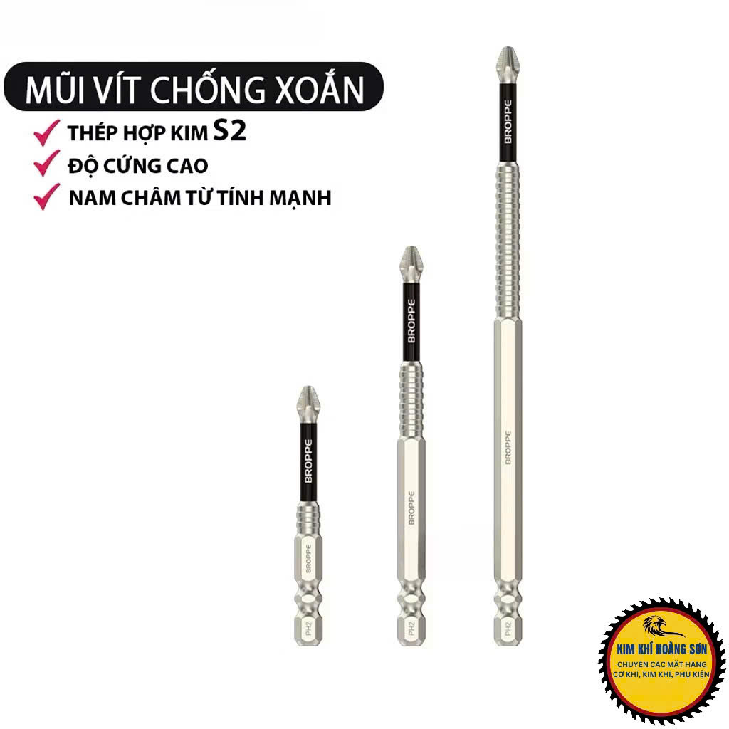 Mũi vít PH2 chống trượt hãng BROPPE chân lục giác 6.35mm, Mũi bắn vít 1 đầu bake chữ thập từ tính cao