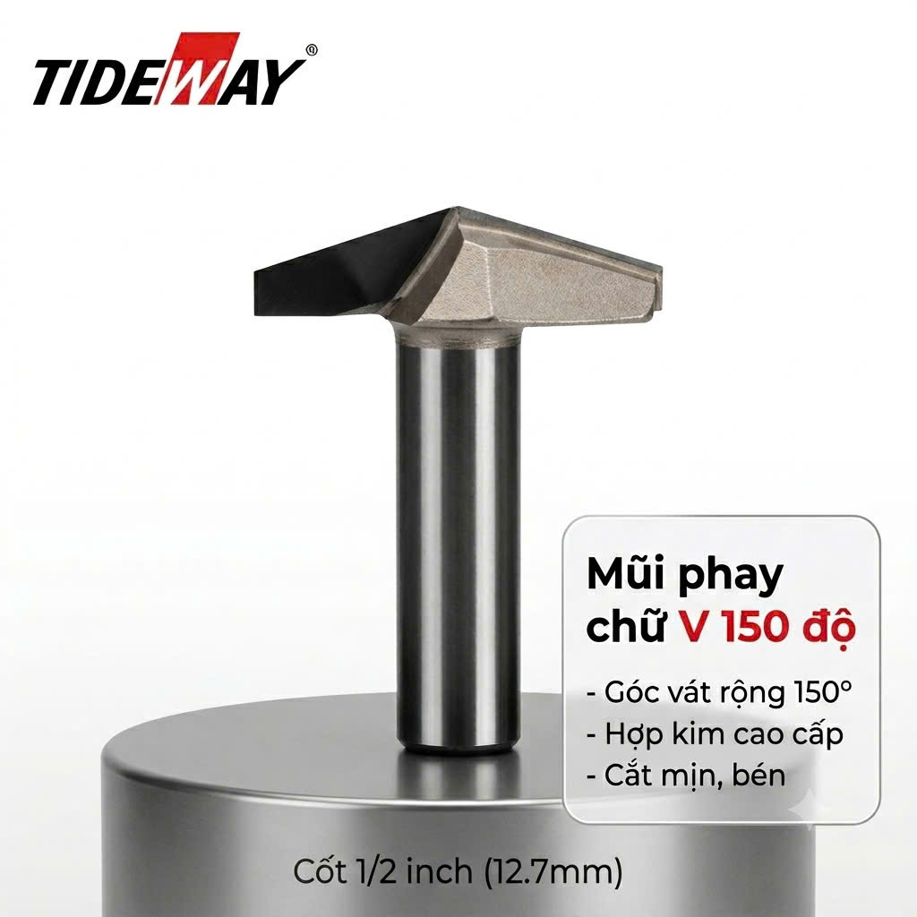 Mũi phay cnc gỗ 150 độ chữ V alu không bi Tideway cao cấp cốt trục 12.7mm