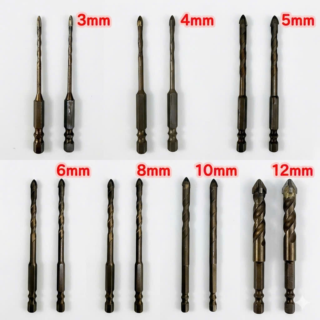 Mũi khoan đa năng cao cấp 4 cạnh chữ thập chuôi lục giác 6.35mm khoan gạch men kính đá 3mm - 12mm