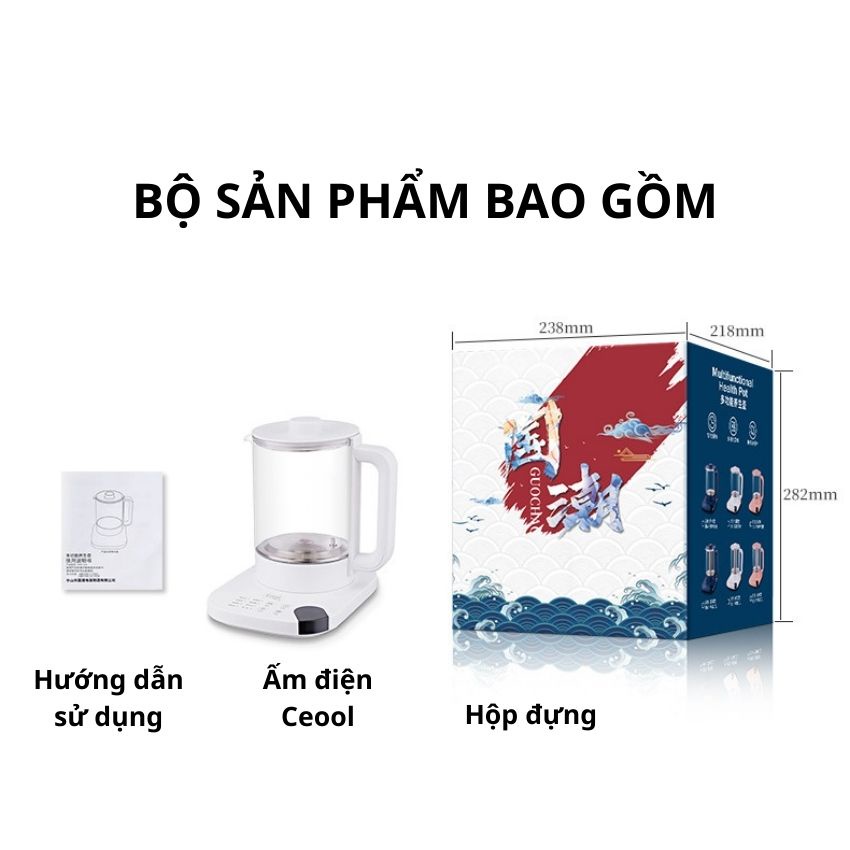 Ấm điện siêu tốc đa năng 1.8L, bình pha trà thủy tinh cao cấp