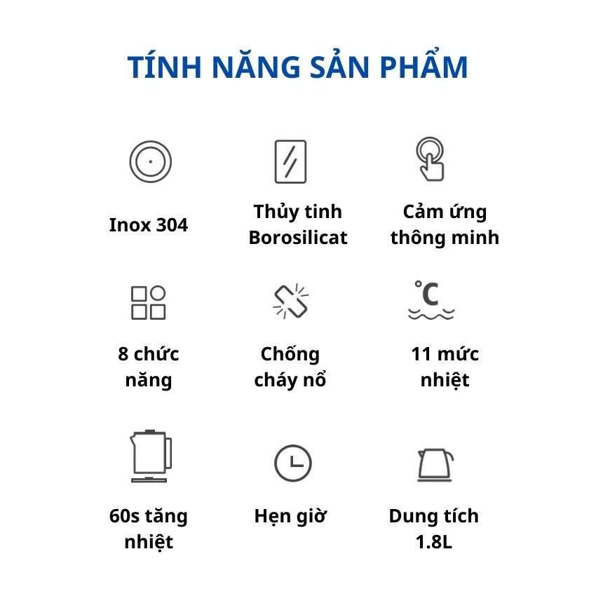 Ấm điện siêu tốc đa năng 1.8L, bình pha trà thủy tinh cao cấp