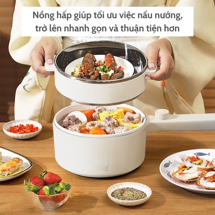 Nồi lẩu điện đa năng mini 1.5L 2 tầng 600W, chống dính cao cấp
