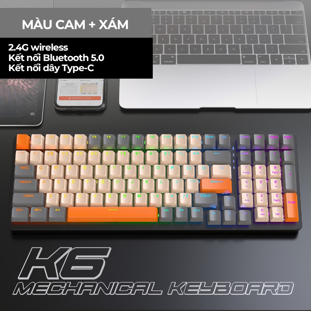 Bàn phím cơ gaming không dây có led RGB hotswap redswitch 100 phím K6 LUNETA KB15