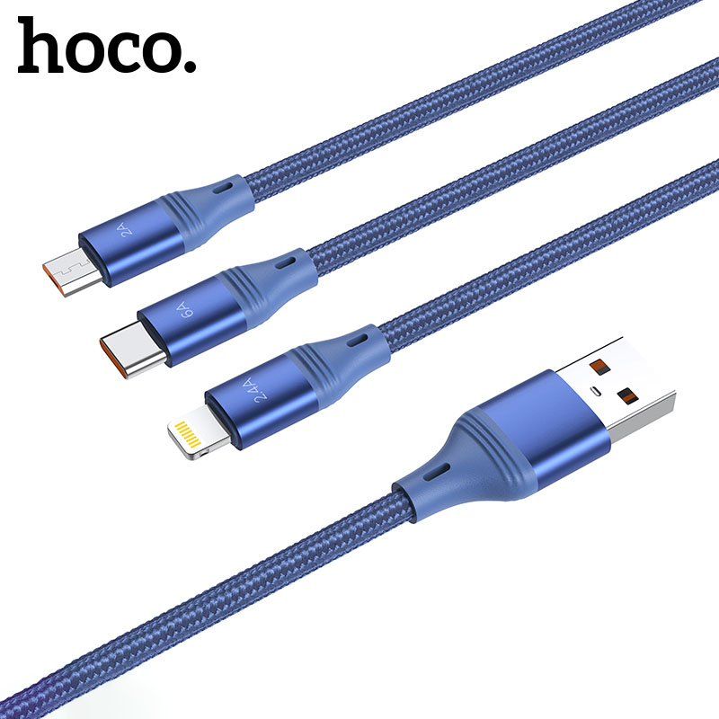 Cáp sạc 3 trong 1 Hoco U104 sạc nhanh dùng cho iPhone, Type-C và Micro USB dài 1m2