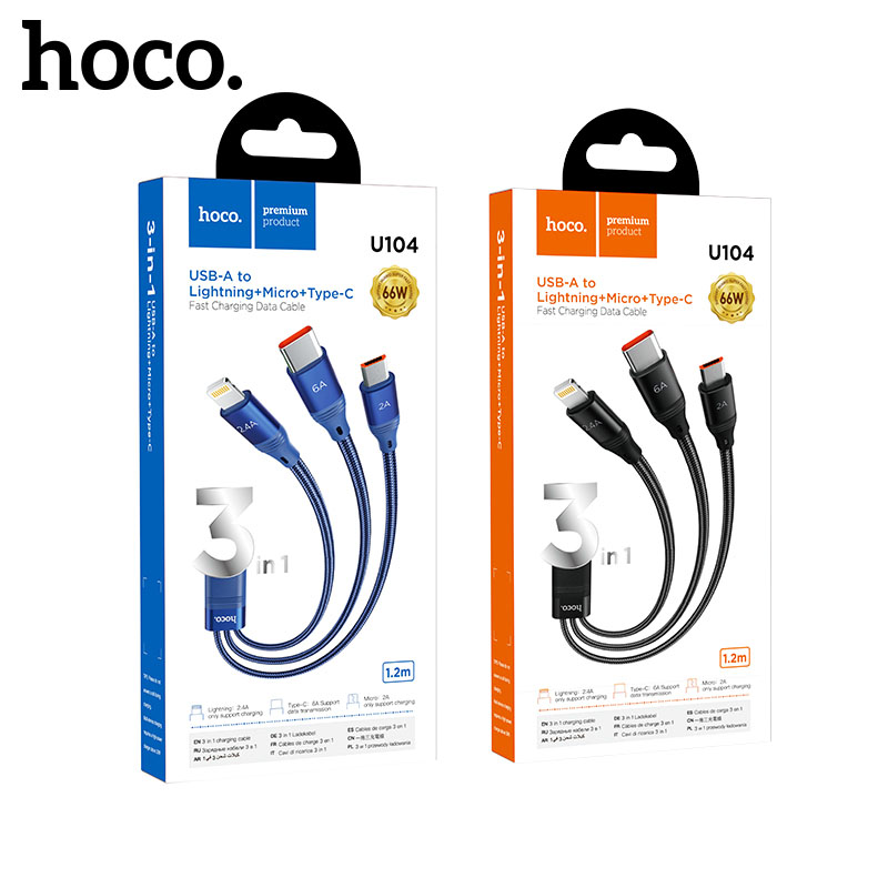 Cáp sạc 3 trong 1 Hoco U104 sạc nhanh dùng cho iPhone, Type-C và Micro USB dài 1m2