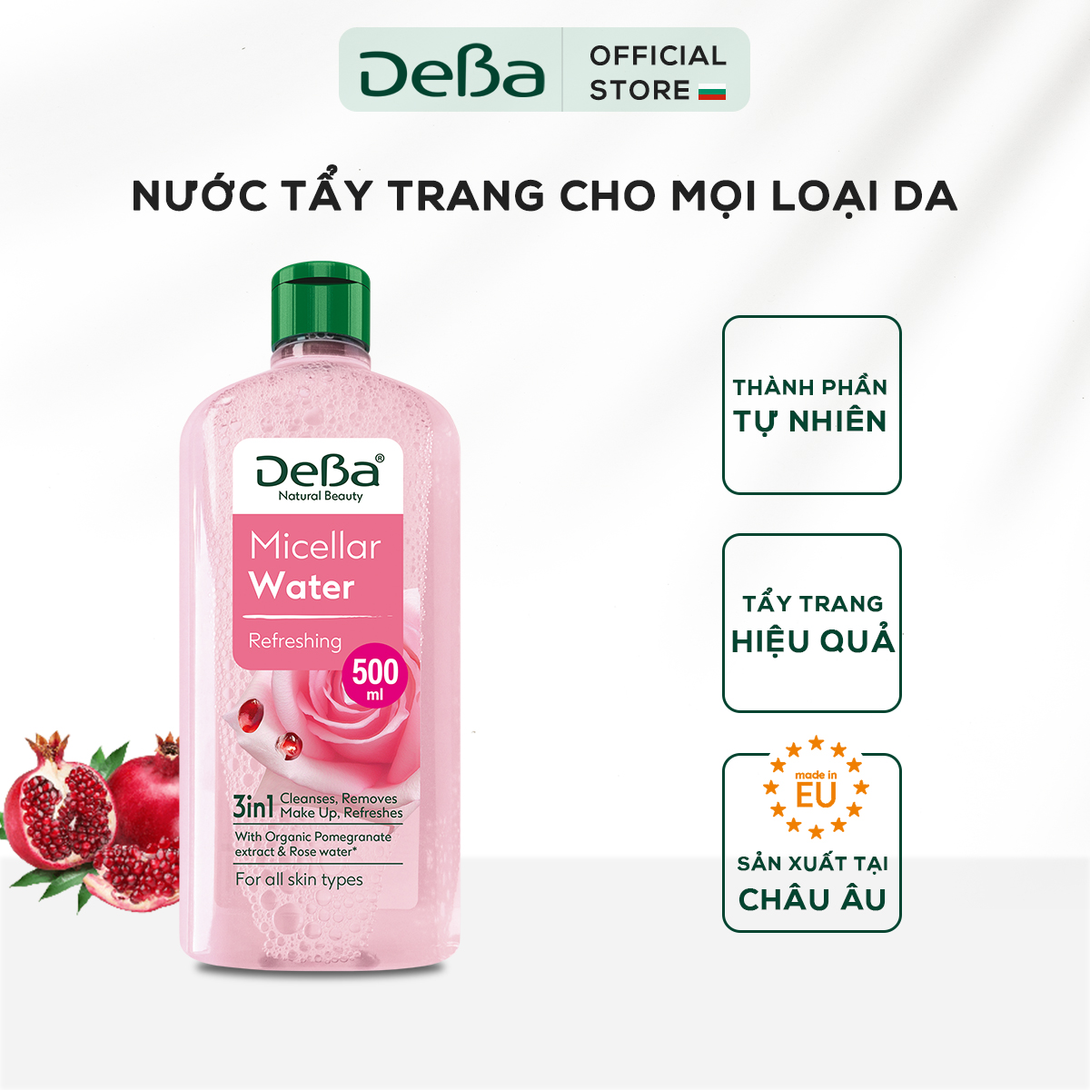 Nước tẩy trang DeBa tươi mát với tinh chất trái lựu và nước hoa hồng