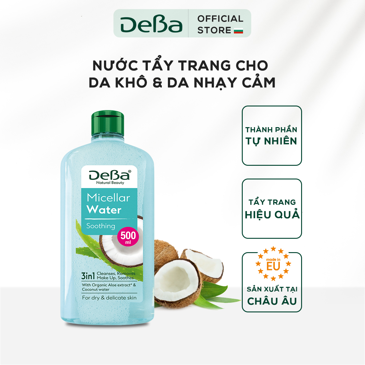 Nước tẩy trang DeBa dịu nhẹ với tinh chất lô hội và nước dừa