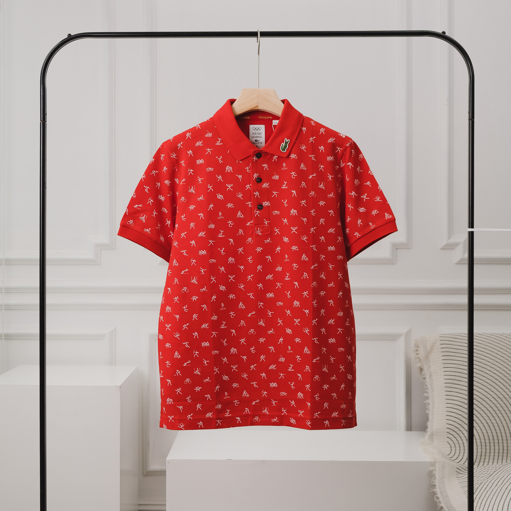 Áo Polo LACOSTE Đỏ hoạ tiết trắng, logo cổ trái