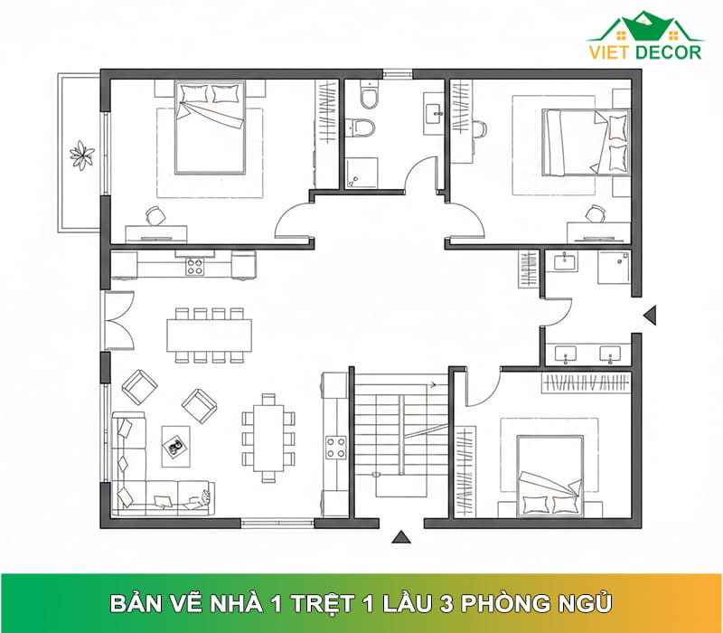 Bản vẽ nhà 1 trệt 1 lầu 3 phòng ngủ đẹp & tối ưu #2026