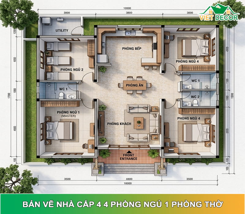 Bản vẽ nhà cấp 4 4 phòng ngủ 1 phòng thờ đẹp & khoa học