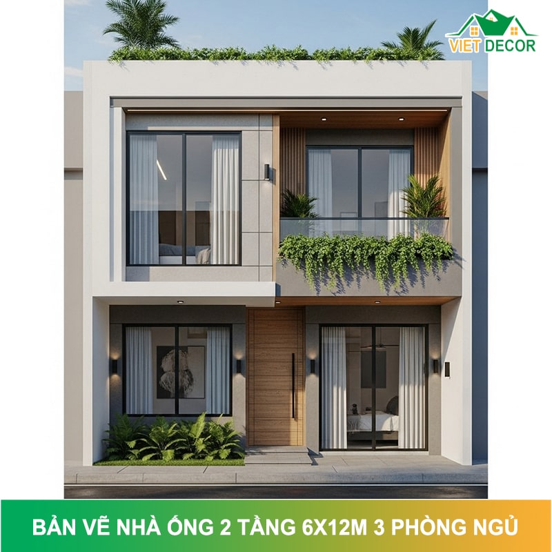 Bản vẽ nhà ống 2 tầng 6x12m 3 phòng ngủ ĐẸP - TỐI ƯU