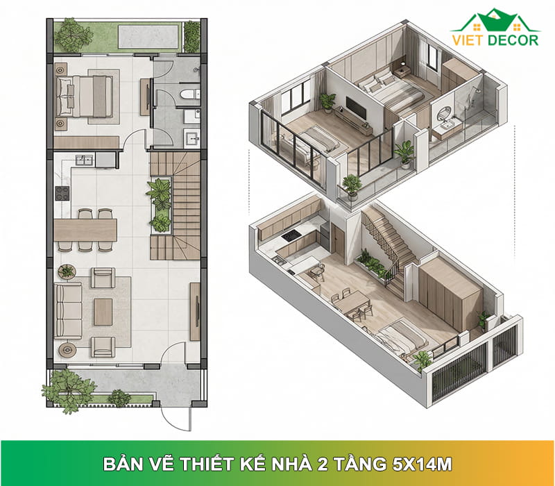 Gợi ý bản vẽ thiết kế nhà 2 tầng 5x14m tối ưu diện tích, tiết kiệm chi phí
