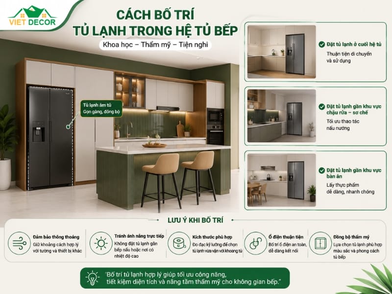 Cách bố trí tủ lạnh trong hệ tủ bếp chuẩn đẹp