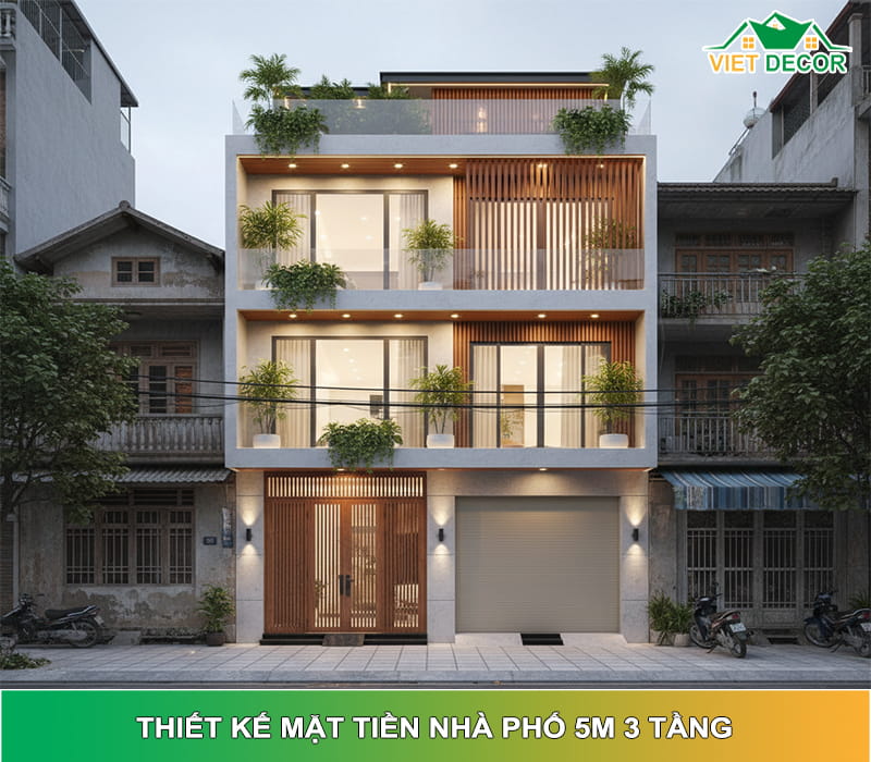 Thiết kế mặt tiền nhà phố 5m 3 tầng đẹp, hiện đại, tối ưu