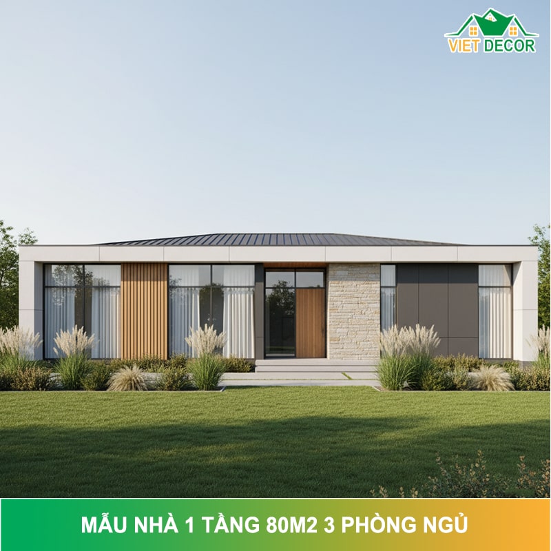 10+ Mẫu nhà 1 tầng 80m2 3 phòng ngủ đẹp tối ưu công năng