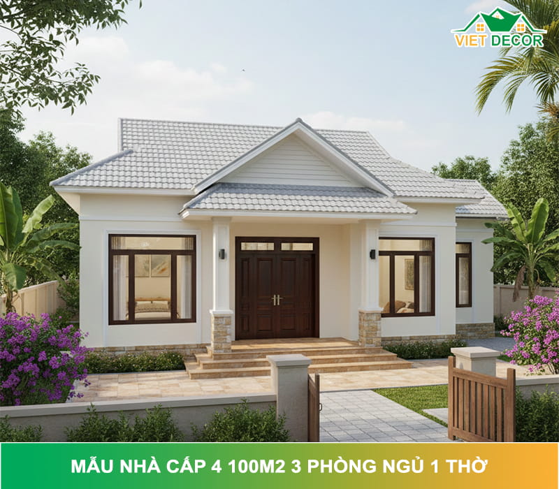 Mẫu nhà cấp 4 100m2 3 phòng ngủ 1 thờ Đẹp – Bản vẽ & chi phí thực tế 2026