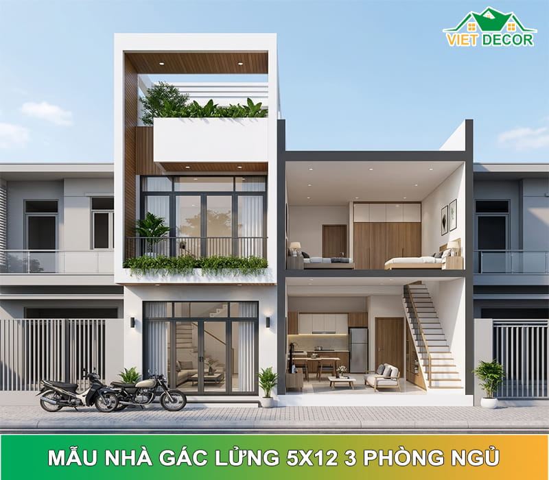 15+ Mẫu nhà gác lửng 5x12 3 phong ngủ Đẹp, hiện đại nhất 2026