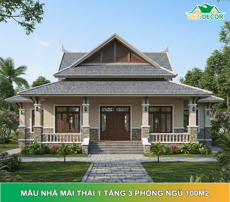 Mẫu nhà mái Thái 1 tầng 3 phòng ngủ 100m2: Đẹp, thoáng và phù hợp gia đình 4–6 người