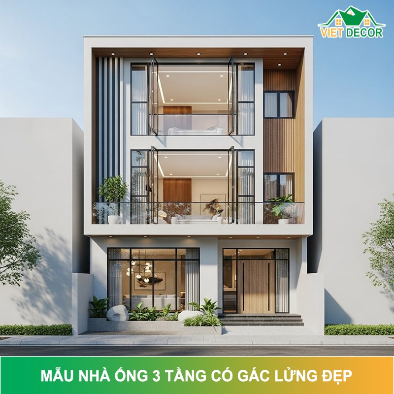 Mẫu nhà ống 3 tầng có gác lửng đẹp kèm bản vẽ chi tiết