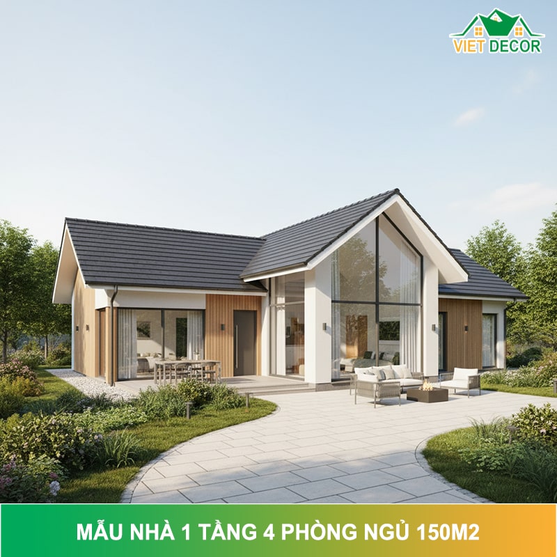 Mẫu nhà 1 tầng 4 phòng ngủ 150m2 đẹp, tiện nghi và hiện đại